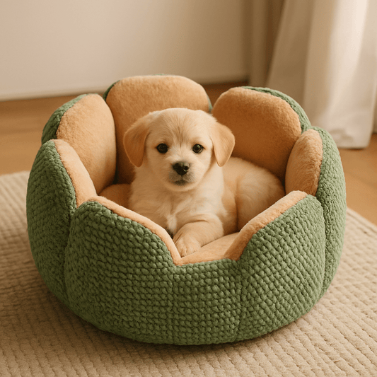Coussin-anti-stress-chien-panier-rond avec rebord surélevé en forme de pétale-un chiot labrador couché confortablement dans son lit rond chaud et douillet avec le coussin épais rembourré 100% coton haute densité lavable en machine