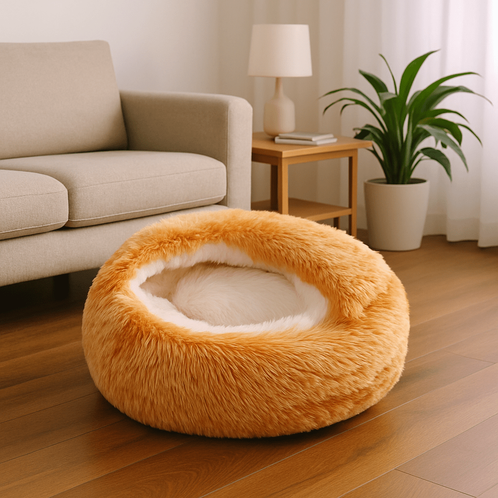 Coussin-anti-stress-chien-niche-ronde-lit rond au design semi-fermé-peluche-antidérapant-imperméable-rembourrage 100% coton haute densité ergonomique-douillet enveloppant-apaisant-avec rebord surélevé 360° sécurisant-lavable en machine-pour chiot et petit chien de 0 à 8 kg-de couleur rouille