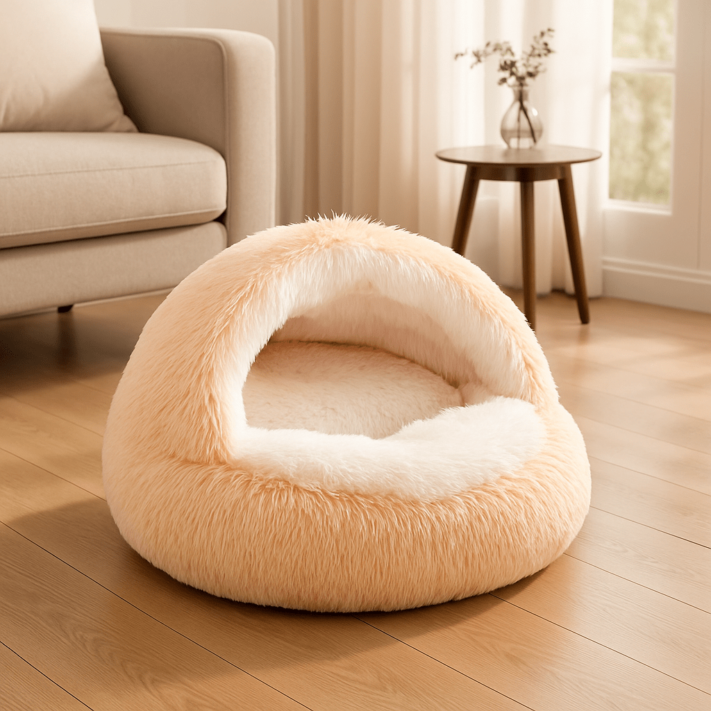 Coussin-anti-stress-chien-niche-ronde-lit rond au design semi-fermé-peluche-antidérapant-imperméable-rembourrage 100% coton haute densité ergonomique-douillet enveloppant-apaisant-avec rebord surélevé 360° sécurisant-lavable en machine-pour chiot et petit chien de 0 à 8 kg-de couleur rose pâle