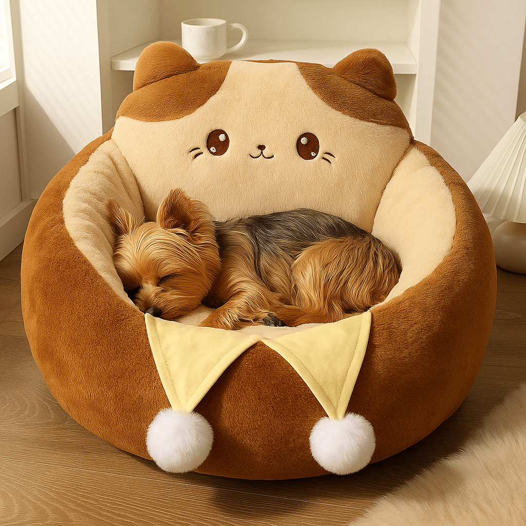 Coussin-anti-stress-chien-chiot-pouf-avec rebord surélevé-design animal mignon-rembourrage 100% coton haute densité et ergonomique marron et beige avec pompon décoratif pour petit chien de 0 à 9 kg-antidérapant-coussin amovible et déhoussable et lavage en machine-isole du sol avec sa hauteur de rebord de 23 cm-entourant et sécurisant-un chien miniature qui dort paisiblement en boule et sur le flanc niché dans son pouf en peluche douce hypoallergénique dans le salon l'appartement