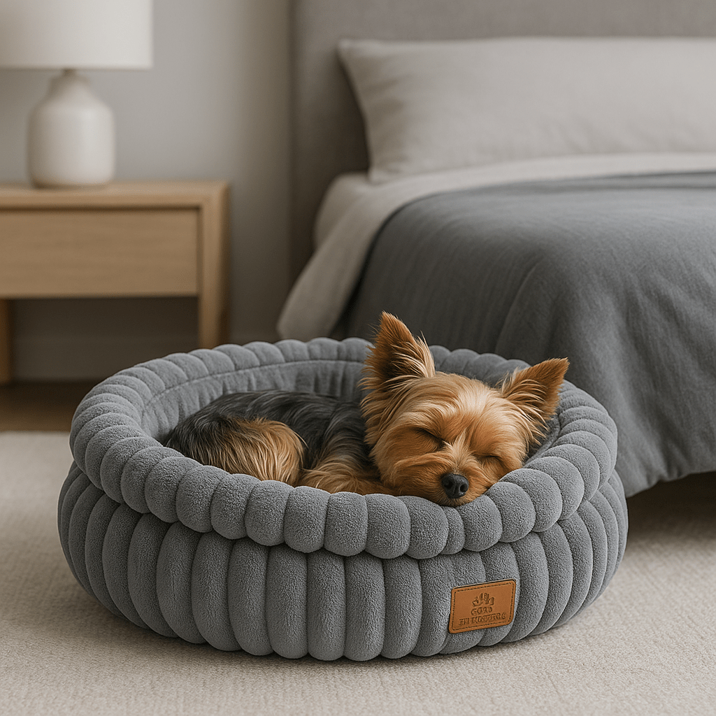 Coussin-anti-stress-chien-avec-oreiller intérieur amovible-rembourrage 100% coton haute densité ergonomique-velours côtelé résistant aux griffes-antidérapant-rond de couleur gris pour chien de petite taille et race naine de 0 à 5 kg-un petit chien qui dort au chaud confortablement dans son panier, sa tête reposant sur le rebord haut rond chaud et douillet dans la chambre de l'appartement