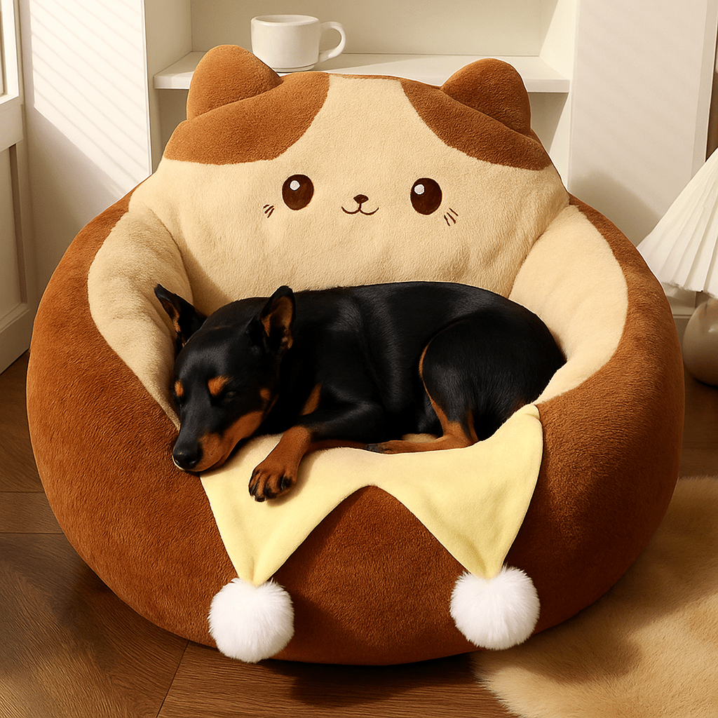 Coussin-anti-stress-chien-chiot-pouf-avec rebord surélevé-design animal mignon-rembourrage 100% coton haute densité et ergonomique marron et beige avec pompon décoratif pour petit chien de 0 à 9 kg-antidérapant-coussin amovible et déhoussable et lavage en machine-isole du sol avec sa hauteur de rebord de 23 cm-entourant et sécurisant-un chien nain qui dort paisiblement sa tête reposant sur le rebord surélevé de son pouf en peluche douce hypoallergénique dans le salon l'appartement