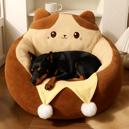 Coussin-anti-stress-chien-chiot-pouf-avec rebord surélevé-design animal mignon-rembourrage 100% coton haute densité et ergonomique marron et beige avec pompon décoratif pour petit chien de 0 à 9 kg-antidérapant-coussin amovible et déhoussable et lavage en machine-isole du sol avec sa hauteur de rebord de 23 cm-entourant et sécurisant-un chien nain qui dort paisiblement sa tête reposant sur le rebord surélevé de son pouf en peluche douce hypoallergénique dans le salon l'appartement