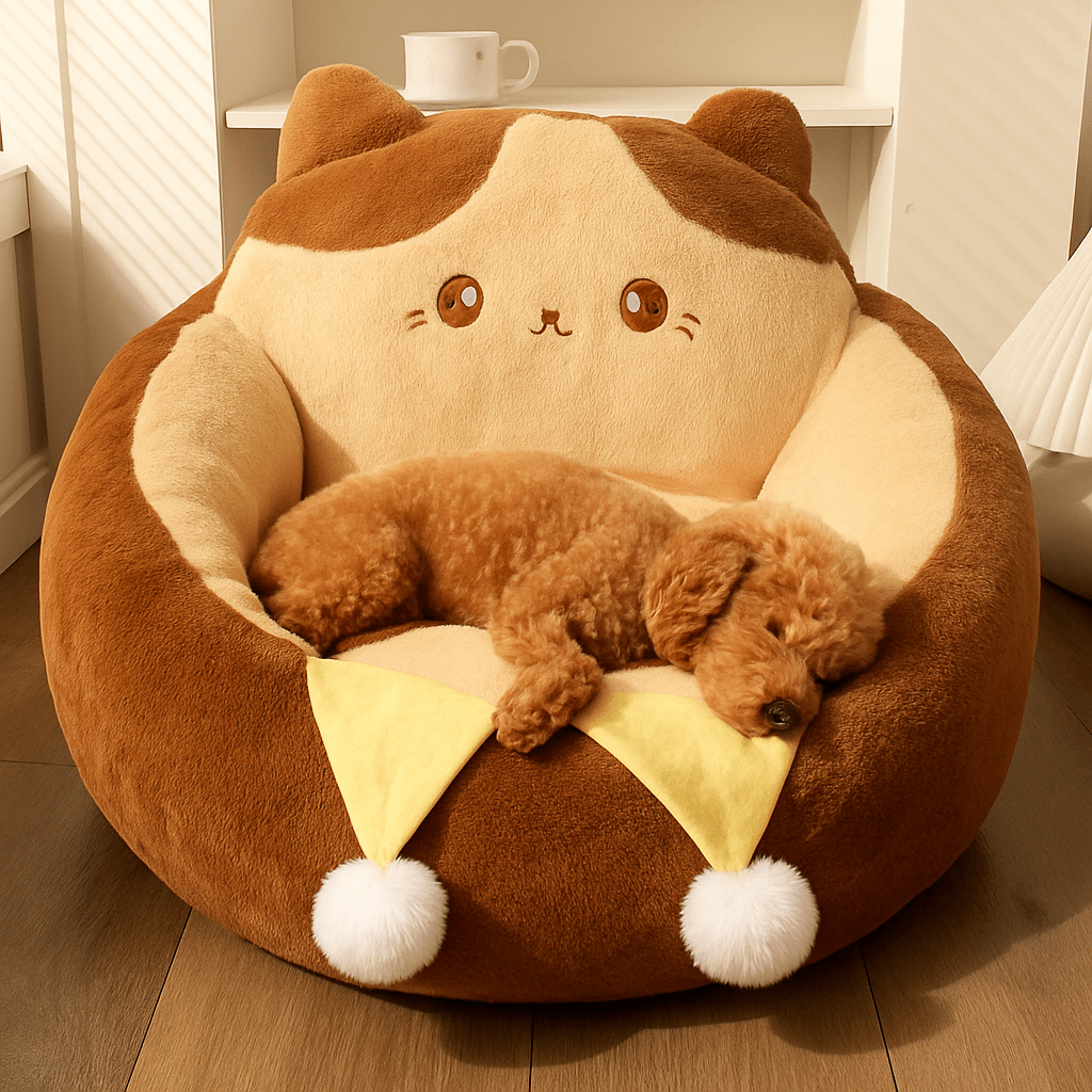 Coussin-anti-stress-chien-chiot-pouf-avec rebord surélevé-design animal mignon-rembourrage 100% coton haute densité et ergonomique marron et beige avec pompon décoratif pour petit chien de 0 à 9 kg-antidérapant-coussin amovible et déhoussable et lavage en machine-isole du sol avec sa hauteur de rebord de 23 cm-entourant et sécurisant-un petit chien frisé qui dort paisiblement sa tête reposant sur le rebord surélevé de son pouf en peluche douce hypoallergénique dans le salon l'appartement