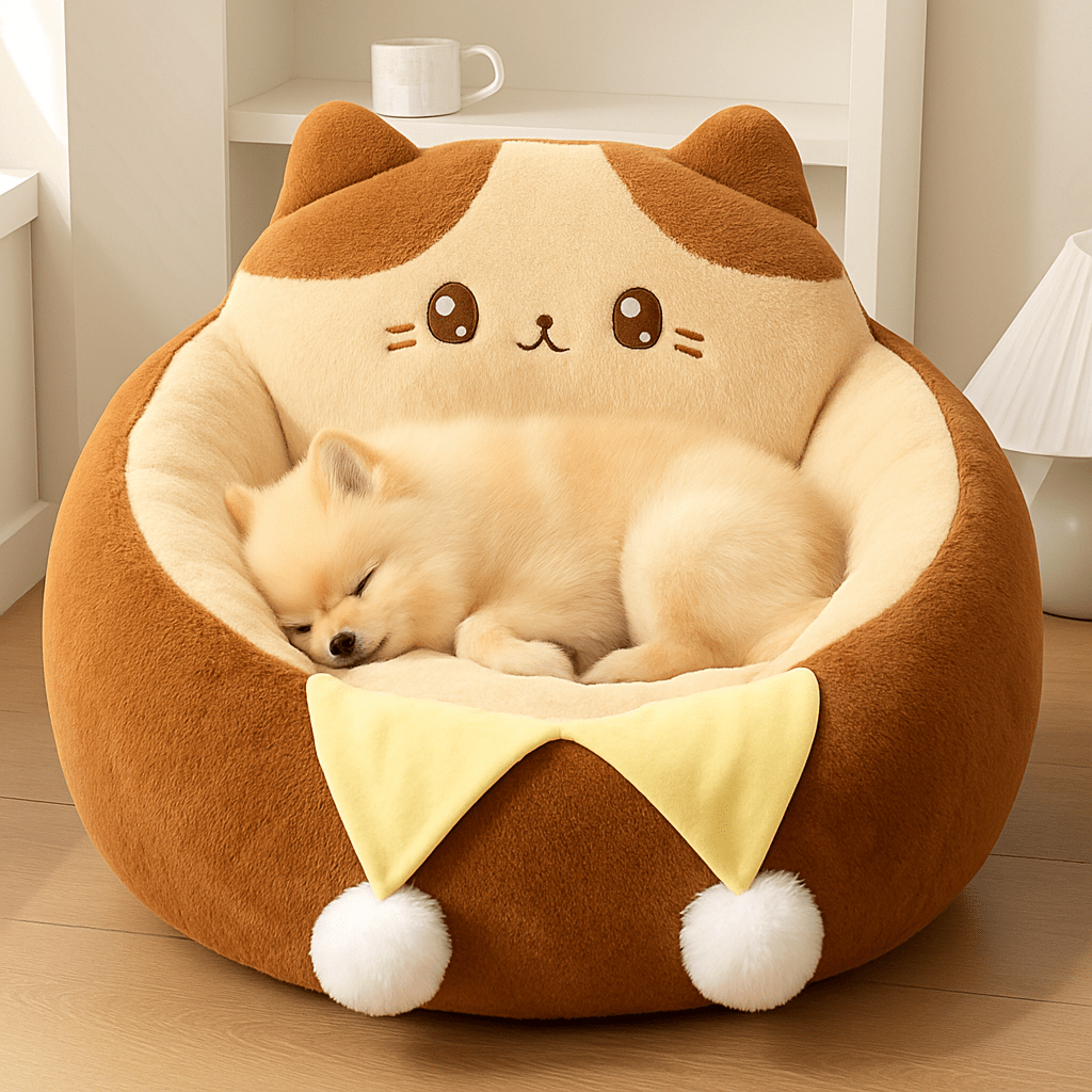 Coussin-anti-stress-chien-chiot-pouf-avec rebord surélevé-design animal mignon-rembourrage 100% coton haute densité et ergonomique marron et beige avec pompon décoratif pour petit chien de 0 à 9 kg-antidérapant-coussin amovible et déhoussable et lavage en machine-isole du sol avec sa hauteur de rebord de 23 cm-entourant et sécurisant-un chiot blanc qui dort paisiblement sa tête reposant sur le rebord surélevé de son pouf en peluche douce hypoallergénique dans le salon la maison