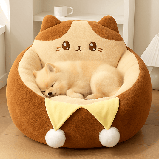 Coussin-anti-stress-chien-chiot-pouf-avec rebord surélevé-design animal mignon-rembourrage 100% coton haute densité et ergonomique marron et beige avec pompon décoratif pour petit chien de 0 à 9 kg-antidérapant-coussin amovible et déhoussable et lavage en machine-isole du sol avec sa hauteur de rebord de 23 cm-entourant et sécurisant-un chiot blanc qui dort paisiblement sa tête reposant sur le rebord surélevé de son pouf en peluche douce hypoallergénique dans le salon la maison