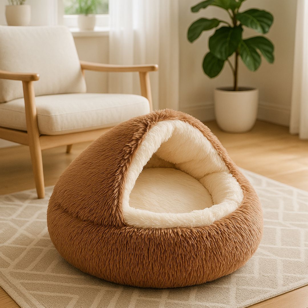 Coussin-anti-stress-chien-niche-ronde-lit rond au design semi-fermé-peluche-antidérapant-imperméable-rembourrage 100% coton haute densité ergonomique-douillet enveloppant-apaisant-avec rebord surélevé 360° sécurisant-lavable en machine-pour chiot et petit chien de 0 à 8 kg-de couleur marron