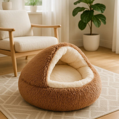 Coussin-anti-stress-chien-niche-ronde-lit rond au design semi-fermé-peluche-antidérapant-imperméable-rembourrage 100% coton haute densité ergonomique-douillet enveloppant-apaisant-avec rebord surélevé 360° sécurisant-lavable en machine-pour chiot et petit chien de 0 à 8 kg-de couleur marron