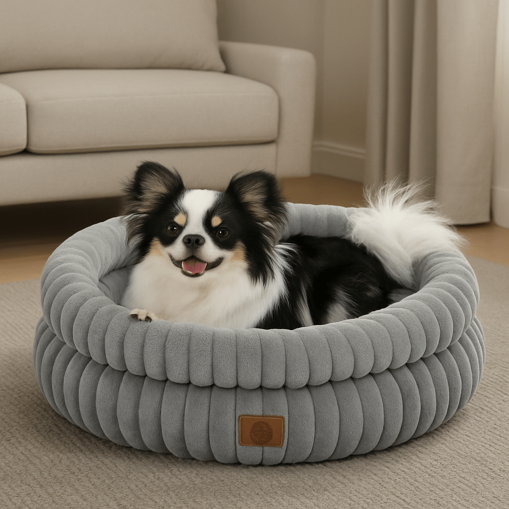 Coussin-anti-stress-chien-avec-oreiller intérieur amovible-rembourrage 100% coton haute densité ergonomique-velours côtelé résistant aux griffes-antidérapant-rond de couleur gris pour chien de petite taille et race naine de 0 à 5 kg-un petit chien heureux et couché au chaud confortablement dans son panier avec rebord haut rond chaud et douillet dans le salon de l'appartement