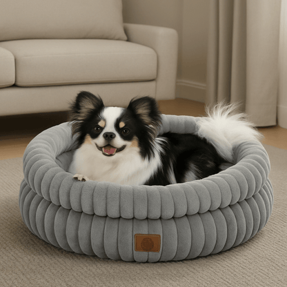 Coussin-anti-stress-chien-avec-oreiller intérieur amovible-rembourrage 100% coton haute densité ergonomique-velours côtelé résistant aux griffes-antidérapant-rond de couleur gris pour chien de petite taille et race naine de 0 à 5 kg-un petit chien heureux et couché au chaud confortablement dans son panier avec rebord haut rond chaud et douillet dans le salon de l'appartement