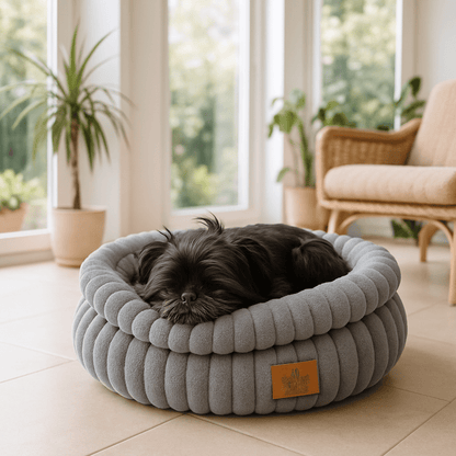 Coussin-anti-stress-chien-avec-oreiller intérieur amovible-rembourrage 100% coton haute densité ergonomique-velours côtelé résistant aux griffes-antidérapant-rond de couleur gris pour chien de petite taille et race naine de 0 à 5 kg-un chien de petite taille qui dort au chaud confortablement dans son panier, sa tête reposant sur le rebord haut rond chaud et douillet dans la véranda de la maison