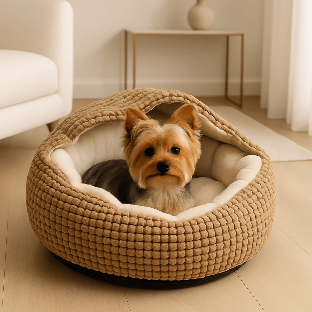 Coussin-anti-stress-pour-chien-lit-couverture-douce en peluche-rembourrage 100% coton haute densité épais et ergonomique antidérapant et lavable en machine-un chien nain couché au chaud dans son coussin avec couverture cousue de couleur marron douillet et résistant anti-anxiété avec rebord surélevé et forme de donut dans le salon de l'appartement