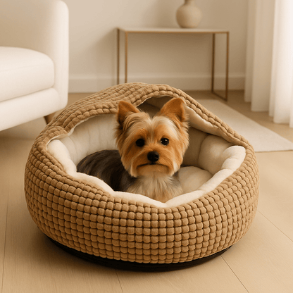 Coussin-anti-stress-pour-chien-lit-couverture-douce en peluche-rembourrage 100% coton haute densité épais et ergonomique antidérapant et lavable en machine-un chien nain couché au chaud dans son coussin avec couverture cousue de couleur marron douillet et résistant anti-anxiété avec rebord surélevé et forme de donut dans le salon de l'appartement