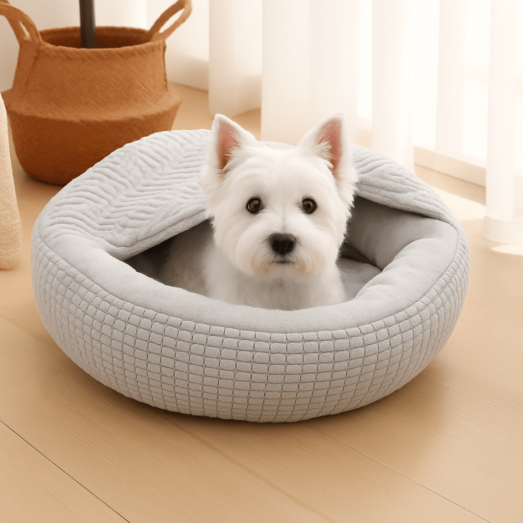 Coussin-anti-stress-pour-chien-lit-rond-couverture-antidérapant-lavable en machine-rembourrage 100% coton haute densité épais en peluche douce avec couverture cousue sur le dessus-un chien blanc de petite taille niché dans son lit rond au rebord surélevé protecteur et sous la couverture intégrée dans le salon de la maison