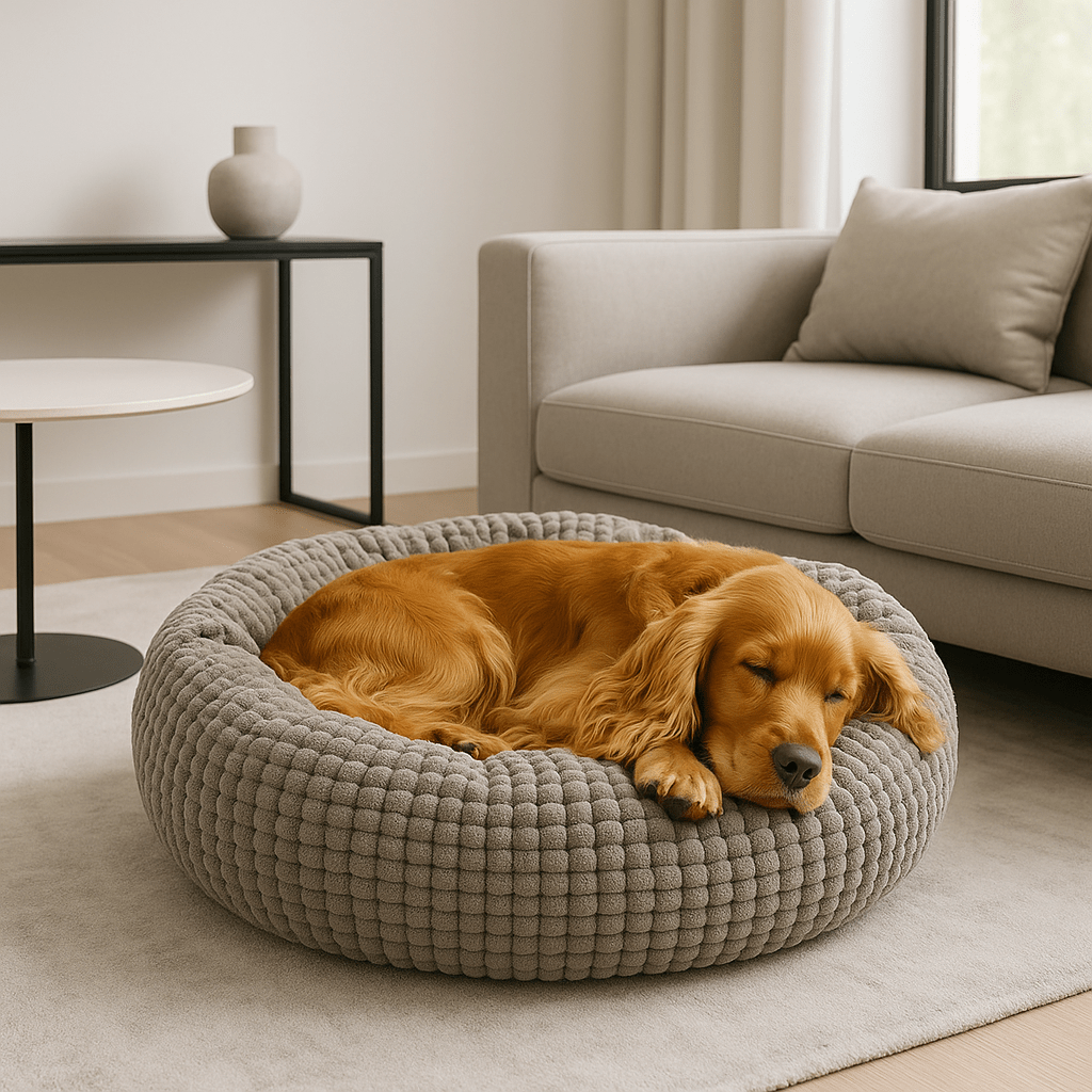 Coussin-anti-stress-pour-chien-niche-couverture-lavable en machine-antidérapant-100% coton haute densité-chaud et enveloppant-un chien de taille moyenne qui dort paisiblement couché en boule dans son lit rond, sa tête posée sur le rebord pour un effet anti-anxiété dans le salon de l'appartement