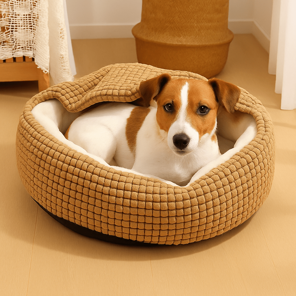 Coussin-anti-stress-pour-chien-solide-lavable-antidérapant-en peluche douce et résistante aux griffes et rembourrage ergonomique 100% coton haute densité-un petit chien confortablement couché dans son coussin chaud et doux de couleur marron dans le salon de l'appartement