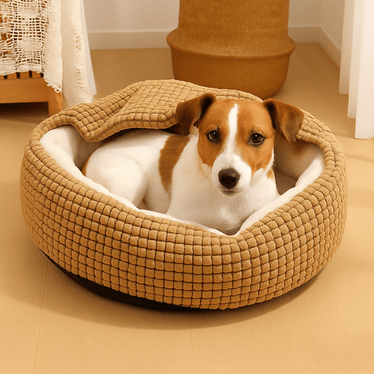 Coussin-anti-stress-pour-chien-solide-lavable-antidérapant-en peluche douce et résistante aux griffes et rembourrage ergonomique 100% coton haute densité-un petit chien confortablement couché dans son coussin chaud et doux de couleur marron dans le salon de l'appartement