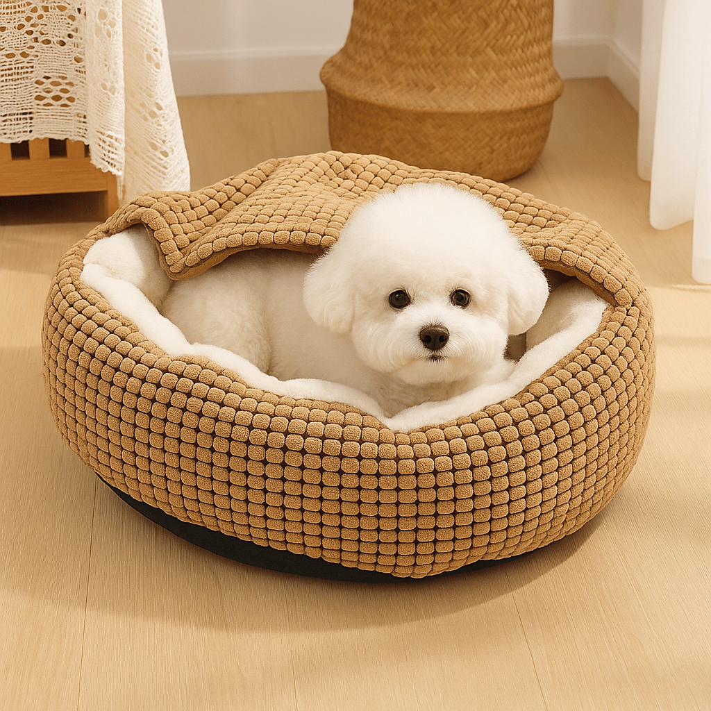 Coussin-anti-stress-pour-chien-solide-un petit chien niché dans son coussin et sous sa couverture en peluche chaude et douillette au rembourrage 100% coton haute densité antidérapant lavable en machine de couleur marron dans le salon de l'appartement