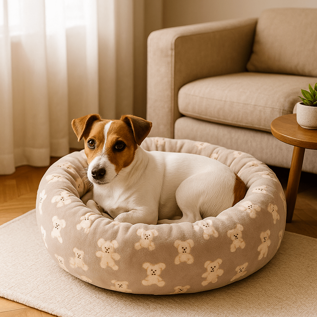 Coussin-chien-donut-douillet avec rebord surélevé-antidérapant et imperméable-rembourrage 100% coton haute densité épais-indéformable-chaud-respirant-motif mignon d'ours-lavable en machine-épais et isolant-pour chien de petite taille de 0 à 10 kg-solide et résistant aux griffes et morsure-un petit chien couché confortablement sur son lit rond l'isolant du sol froid et humide dans le salon de l'appartement