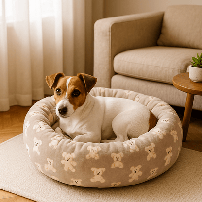 Coussin-chien-donut-douillet avec rebord surélevé-antidérapant et imperméable-rembourrage 100% coton haute densité épais-indéformable-chaud-respirant-motif mignon d'ours-lavable en machine-épais et isolant-pour chien de petite taille de 0 à 10 kg-solide et résistant aux griffes et morsure-un petit chien couché confortablement sur son lit rond l'isolant du sol froid et humide dans le salon de l'appartement