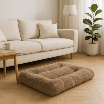 Coussin-chien-épais-lit en peluche ultra-douce, résistante et douillette-rembourrage 100% coton haute densité-respirant-hypoallergénique-antiacarien-lavable en machine-chaud-rectangulaire-polyvalent-pour cage de transport-panier-voiture-léger et transportable-fond antidérapant et imperméable pour petit à grand chien de 0 à 50 kg-4 tailles disponibles S, M, L et XL de couleur marron