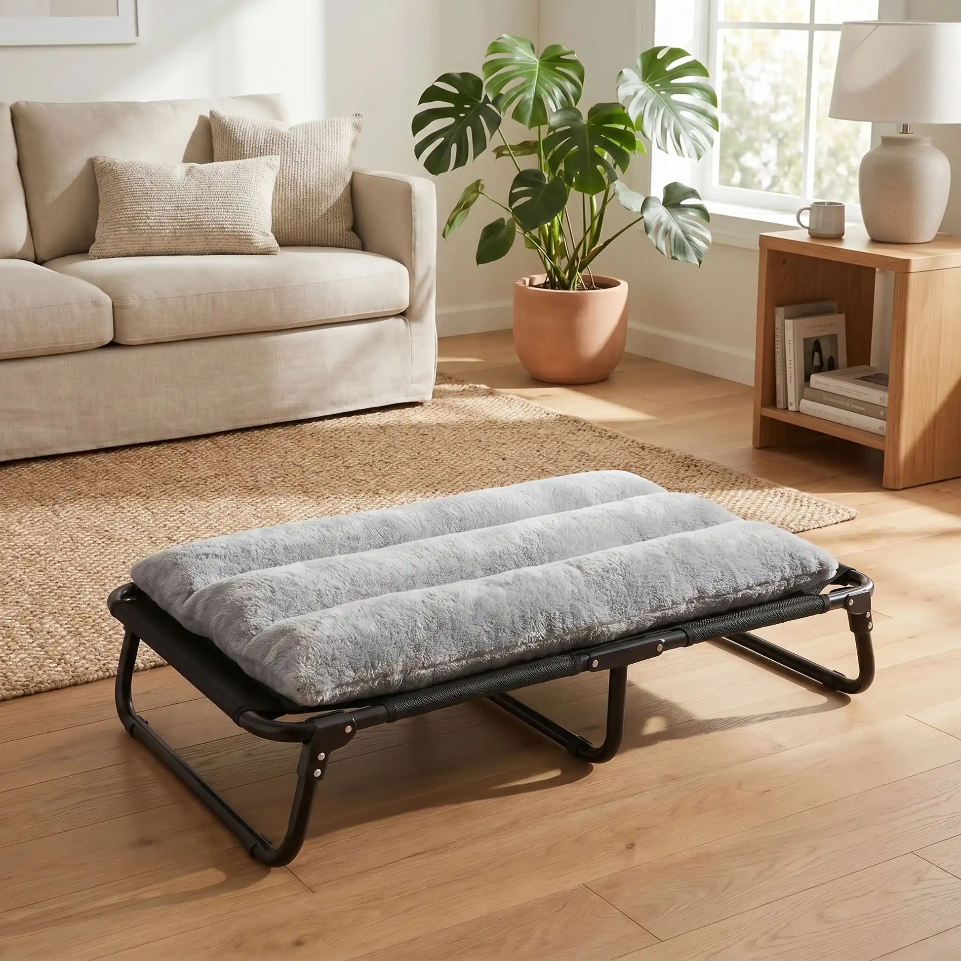Coussin-chien-déhoussable-pour-lit-de-camp, de camping, surélevé et pliable de 4 tailles S, M, L et XL pour chien de petite à grande taille, rembourrage 100% coton PP et housse en peluche et velours ultra-doux et hypoallergénique de couleur gris, résistant aux griffes-gros plan sur le coussin rembourré, déhoussable et lavable en machine sur le lit pliant surélevé de camp pour chien dans le salon de la maison 