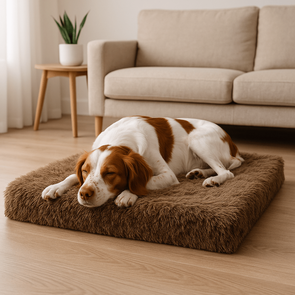 Coussin-chien-orthopédique-chiot-un chien de taille moyenne qui dort sur le ventre, la tête reposant sur la housse en peluche douce et anti-stress du matelas à mémoire de forme, déhoussable et lavable en machine, antidérapant et imperméable dans le salon de la maison
