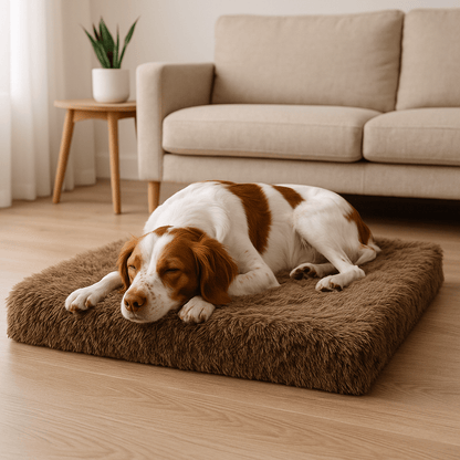 Coussin-chien-orthopédique-chiot-un chien de taille moyenne qui dort sur le ventre, la tête reposant sur la housse en peluche douce et anti-stress du matelas à mémoire de forme, déhoussable et lavable en machine, antidérapant et imperméable dans le salon de la maison