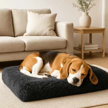 Coussin-chien-orthopédique-coton-haute-densité-un chien de taille moyenne qui dort confortablement en boule sur son matelas, déhoussable, antidérapant, imperméable et lavable en machine dans le salon de l'appartement