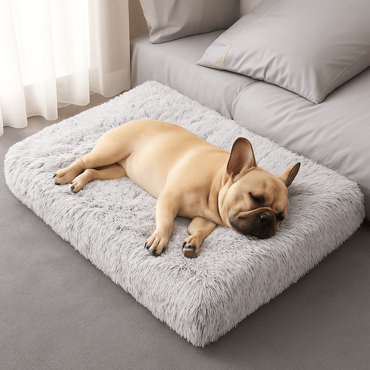 Coussin-chien-orthopédique-hypoallergénique-un chien de petite taille couché confortablement de tout son long qui dort paisiblement sur son matelas à mémoire de forme 100% coton haute densité dans la chambre de la maison