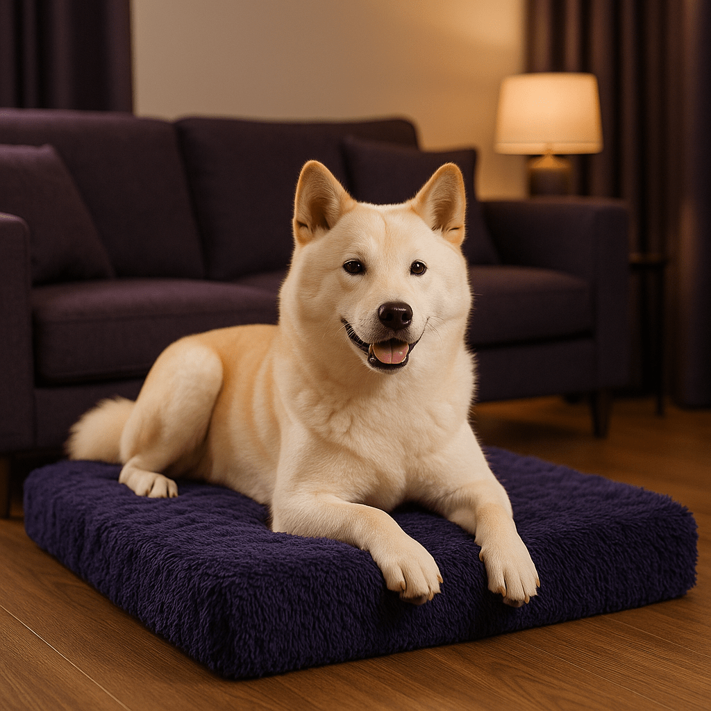 Coussin-chien-orthopédique-rectangulaire-matelas 100% coton haute densité, hypoallergénique, déhoussable et lavable en machine, antidérapant et imperméable-un chien de taille moyenne de couleur bleu marine dans le salon moderne et cosy de l'appartement