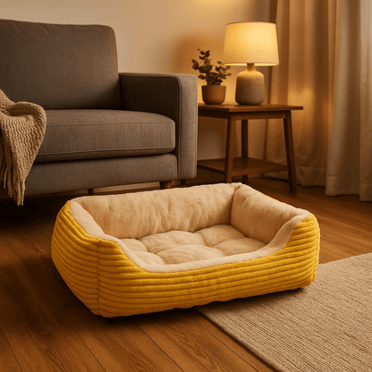 Coussin-chien-panier-rectangulaire-jaune-rembourrage 100% coton à mémoire de forme-velours-résistant, avec rebord surélevés, imperméable et antidérapant-lavable