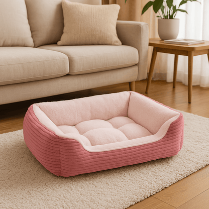 Coussin-chien-panier-rectangulaire-rose-rembourrage 100% coton à mémoire de forme-velours-résistant, avec rebord surélevés, imperméable et antidérapant-lavable
