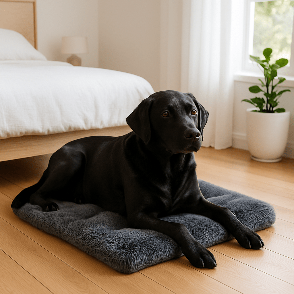 Coussin-chien-épais-lit en peluche ultra-douce, résistante et douillette-rembourrage 100% coton haute densité-respirant-hypoallergénique-antiacarien-lavable en machine-chaud-rectangulaire-polyvalent-pour cage de transport-panier-voiture-léger et transportable-fond antidérapant et imperméable pour petit à grand chien de 0 à 50 kg-un grand chien couché confortablement sur son matelas moelleux de taille L rembourré en peluche de couleur gris foncé dans la chambre de la maison