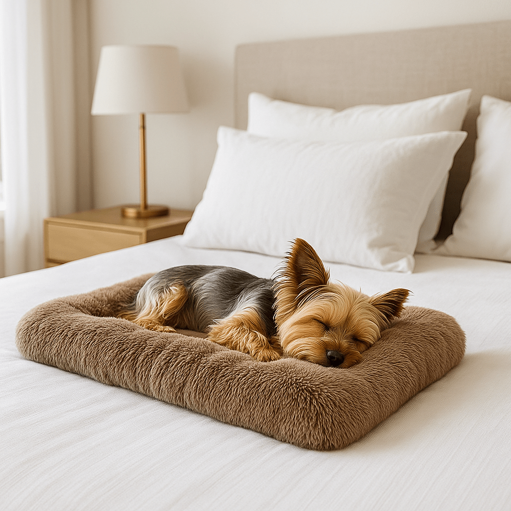 Coussin-chien-épais-lit en peluche ultra-douce, résistante et douillette-rembourrage 100% coton haute densité-respirant-hypoallergénique-antiacarien-lavable en machine-chaud-rectangulaire-polyvalent-pour cage de transport-panier-voiture-léger et transportable-fond antidérapant et imperméable pour petit à grand chien de 0 à 50 kg-un petit chien qui dort paisiblement couché sur le flanc sur son matelas moelleux rembourré en peluche de couleur marron sur le lit de son propriétaire