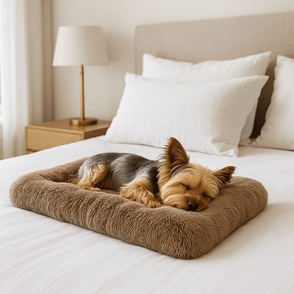 Coussin-chien-épais-lit en peluche ultra-douce, résistante et douillette-rembourrage 100% coton haute densité-respirant-hypoallergénique-antiacarien-lavable en machine-chaud-rectangulaire-polyvalent-pour cage de transport-panier-voiture-léger et transportable-fond antidérapant et imperméable pour petit à grand chien de 0 à 50 kg-un petit chien qui dort paisiblement couché sur le flanc sur son matelas moelleux rembourré en peluche de couleur marron sur le lit de son propriétaire