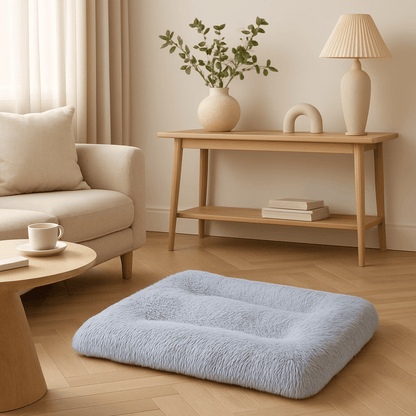 Coussin-chien-épais-lit en peluche ultra-douce, résistante et douillette-rembourrage 100% coton haute densité-respirant-hypoallergénique-antiacarien-lavable en machine-chaud-rectangulaire-polyvalent-pour cage de transport-panier-voiture-léger et transportable-fond antidérapant et imperméable pour petit à grand chien de 0 à 50 kg-4 tailles disponibles S, M, L et XL de couleur gris clair