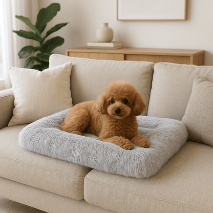 Coussin-chien-épais-lit en peluche ultra-douce, résistante et douillette-rembourrage 100% coton haute densité-respirant-hypoallergénique-antiacarien-lavable en machine-chaud-rectangulaire-polyvalent-pour cage de transport-panier-voiture-léger et transportable-fond antidérapant et imperméable pour petit à grand chien de 0 à 50 kg-un chien de race naine couché et heureux sur son matelas moelleux rembourré en peluche de couleur gris sur le canapé du salon