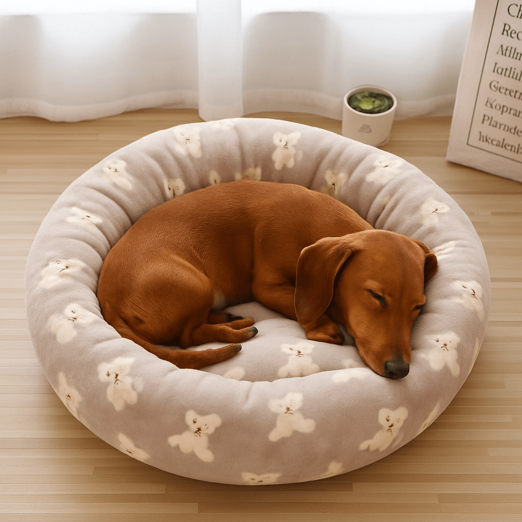 Coussin-chien-donut-douillet avec rebord surélevé-antidérapant et imperméable-rembourrage 100% coton haute densité épais-indéformable-chaud-respirant-motif mignon d'ours-lavable en machine-épais et isolant-pour chien de petite taille de 0 à 10 kg-solide et résistant aux griffes et morsure-un chien de petite taille couché qui dort paisiblement niché dans son lit rond l'isolant du sol froid et humide dans le salon de la maison