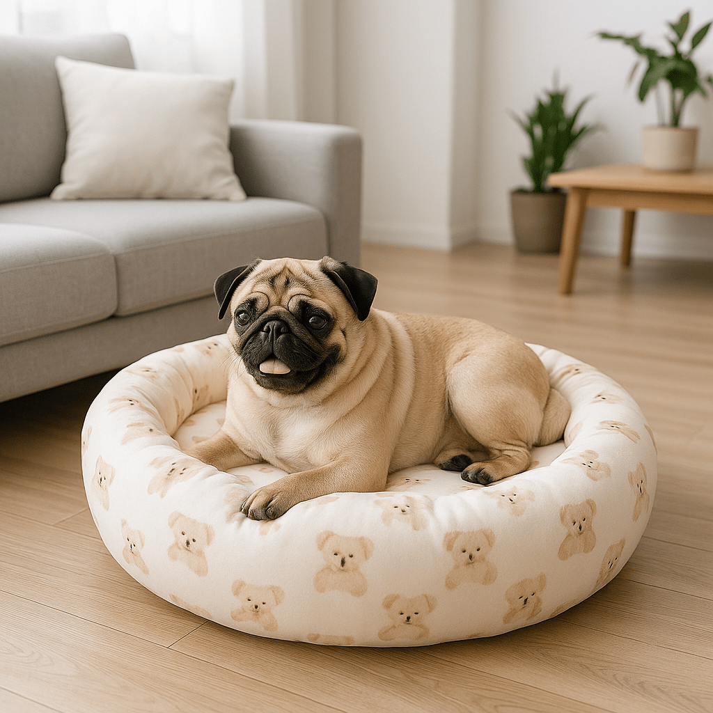 Coussin-chien-donut-douillet avec rebord surélevé-antidérapant et imperméable-rembourrage 100% coton haute densité épais-indéformable-chaud-respirant-motif mignon d'ours-lavable en machine-épais et isolant-pour chien de petite taille de 0 à 10 kg-solide et résistant aux griffes et morsure-un Carlin couché confortablement sur son lit rond l'isolant du sol froid et humide dans le salon de la maison
