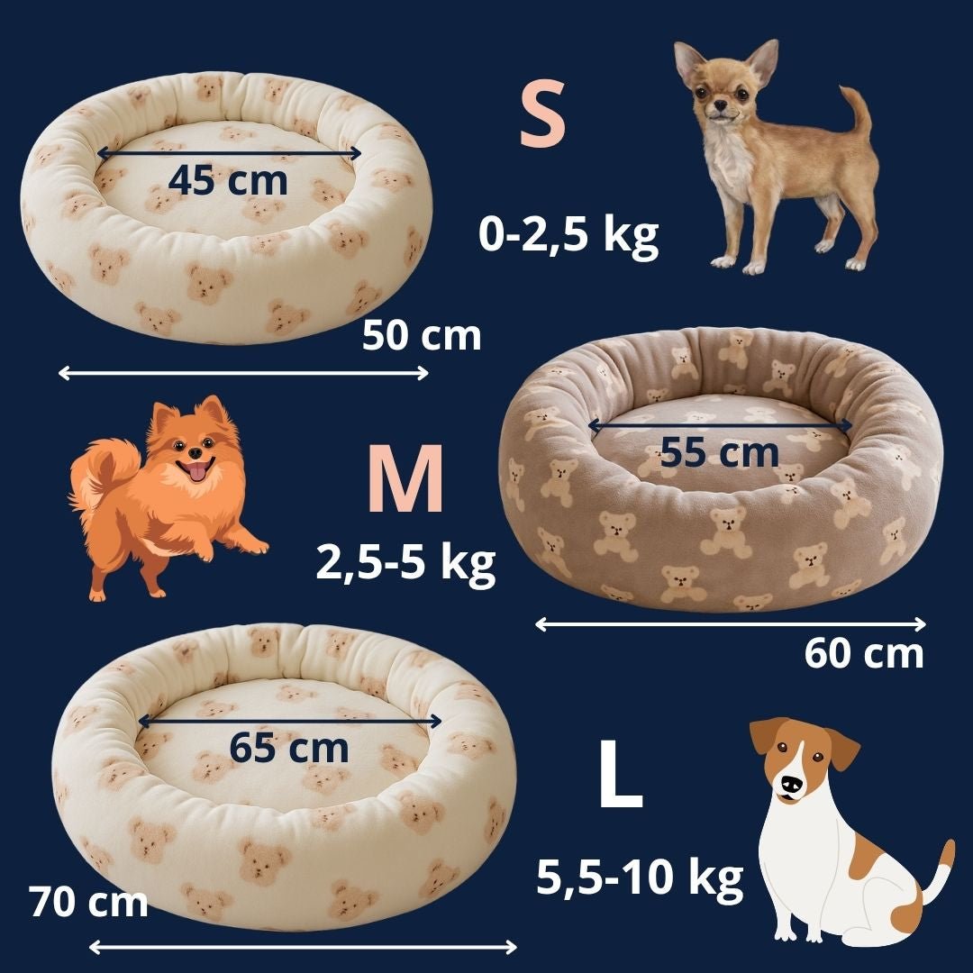 Coussin-chien-donut-douillet avec rebord surélevé-antidérapant et imperméable-rembourrage 100% coton haute densité épais-indéformable-chaud-respirant-motif mignon d'ours-lavable en machine-épais et isolant-pour chien de petite taille de 0 à 10 kg-solide et résistant aux griffes et morsure-3 tailles disponibles S, M et L-dimensions détaillées avec correspondance du poids du chien