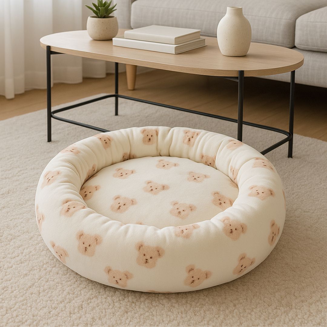 Coussin-chien-donut-douillet avec rebord surélevé-antidérapant et imperméable-rembourrage 100% coton haute densité épais-indéformable-chaud-respirant-motif mignon d'ours-lavable en machine-épais et isolant-pour chien de petite taille de 0 à 10 kg-solide et résistant aux griffes et morsure-de couleur blanc