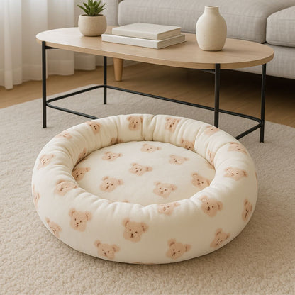 Coussin-chien-donut-douillet avec rebord surélevé-antidérapant et imperméable-rembourrage 100% coton haute densité épais-indéformable-chaud-respirant-motif mignon d'ours-lavable en machine-épais et isolant-pour chien de petite taille de 0 à 10 kg-solide et résistant aux griffes et morsure-de couleur blanc