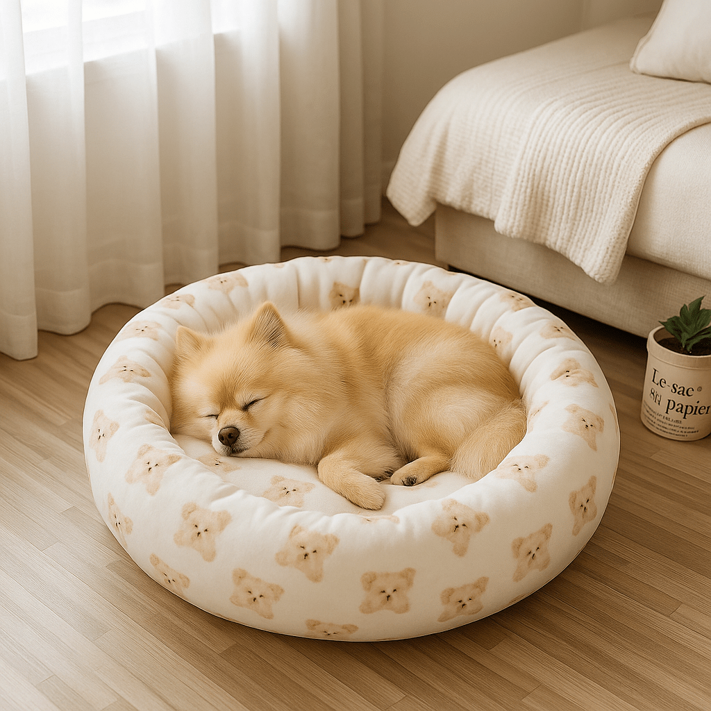 Coussin-chien-donut-douillet avec rebord surélevé-antidérapant et imperméable-rembourrage 100% coton haute densité épais-indéformable-chaud-respirant-motif mignon d'ours-lavable en machine-épais et isolant-pour chien de petite taille de 0 à 10 kg-solide et résistant aux griffes et morsure-un chien de petite taille qui dort paisiblement sur son lit rond l'isolant du sol froid et humide dans la chambre de l'appartement