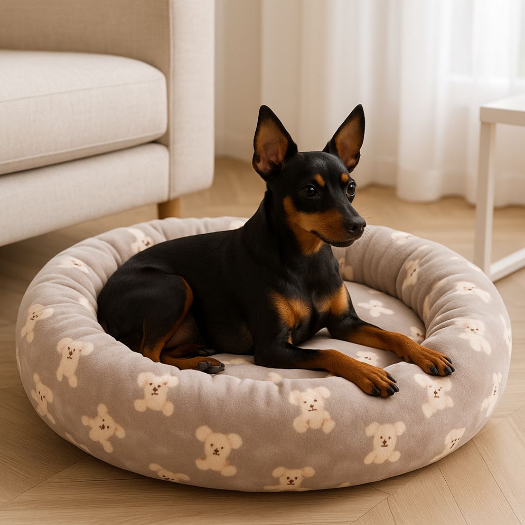 Coussin-chien-donut-douillet avec rebord surélevé-antidérapant et imperméable-rembourrage 100% coton haute densité épais-indéformable-chaud-respirant-motif mignon d'ours-lavable en machine-épais et isolant-pour chien de petite taille de 0 à 10 kg-solide et résistant aux griffes et morsure-un chien nain couché confortablement sur son lit rond l'isolant du sol froid et humide dans le salon de l'appartement