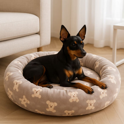 Coussin-chien-donut-douillet avec rebord surélevé-antidérapant et imperméable-rembourrage 100% coton haute densité épais-indéformable-chaud-respirant-motif mignon d'ours-lavable en machine-épais et isolant-pour chien de petite taille de 0 à 10 kg-solide et résistant aux griffes et morsure-un chien nain couché confortablement sur son lit rond l'isolant du sol froid et humide dans le salon de l'appartement