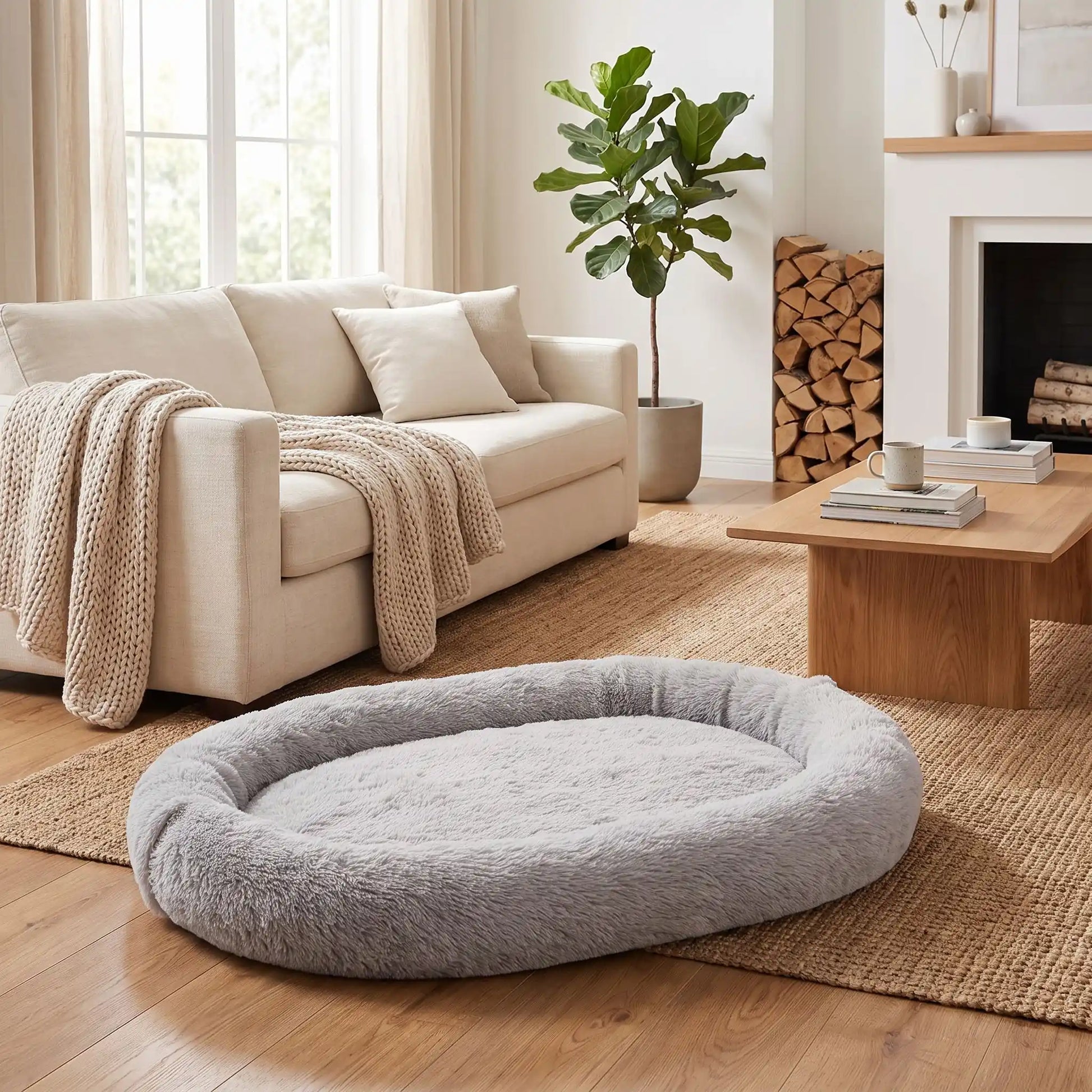 Coussin-chien-xxl-déhoussable-avec-rebord-orthopédique, matelas à mémoire de forme et rebord cylindrique surélevé 360° anti anxiété , rembourrage 100% coton PP, lit ovale en peluche, imperméable, antidérapante et lavable en machine, taille humaine pour cododo avec le chien de 176x122 cm ou couchage multi-animaux-gros plan sur le grand coussin ovale gris ultra doux avec poches de rangement sur le boudin et poignée de transport pour cododo dans le salon de l'appartement