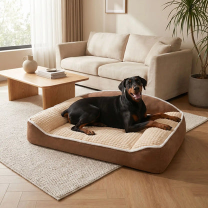Coussin-chien-xxl-déhoussable-ergonomique-antidérapant, lavable en machine, rembourrage 100% coton haute densité avec rebords surélevés en L pour un soutien cervical et un effet entourant apaisant et sécurisant, tissu ultra-doux en flanelle hypoallergénique, résistant aux griffes et morsures, imperméable-un Dobermann couché confortablement sur le lit épais, niché dans l'angle des deux rebords surélevés en L rembourré 100% coton haute densité de couleur marron sur le sol du salon de l'appartement