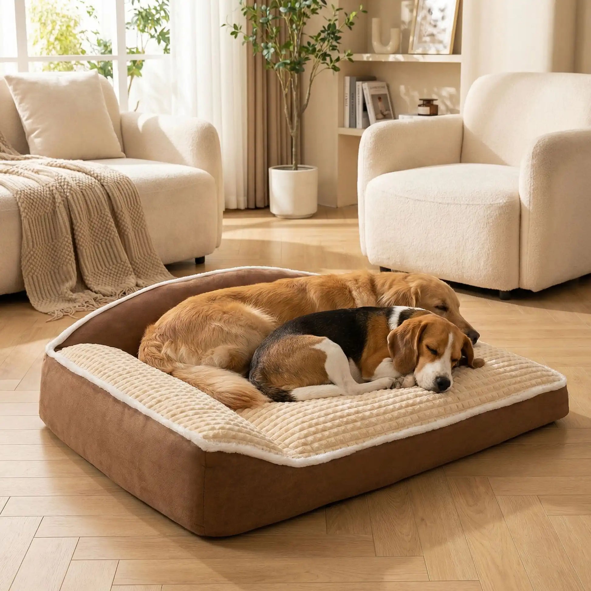 Coussin-chien-xxl-déhoussable-ergonomique-antidérapant, lavable en machine, rembourrage 100% coton haute densité avec rebords surélevés en L pour un soutien cervical et un effet entourant apaisant et sécurisant, tissu ultra-doux en flanelle hypoallergénique, résistant aux griffes et morsures, imperméable-un deux chien de taille moyenne qui dorment paisiblement sur le lit épais, niché côte à côte contre les deux rebords surélevés en L rembourré 100% coton haute densité  sur le sol du salon de la maison
