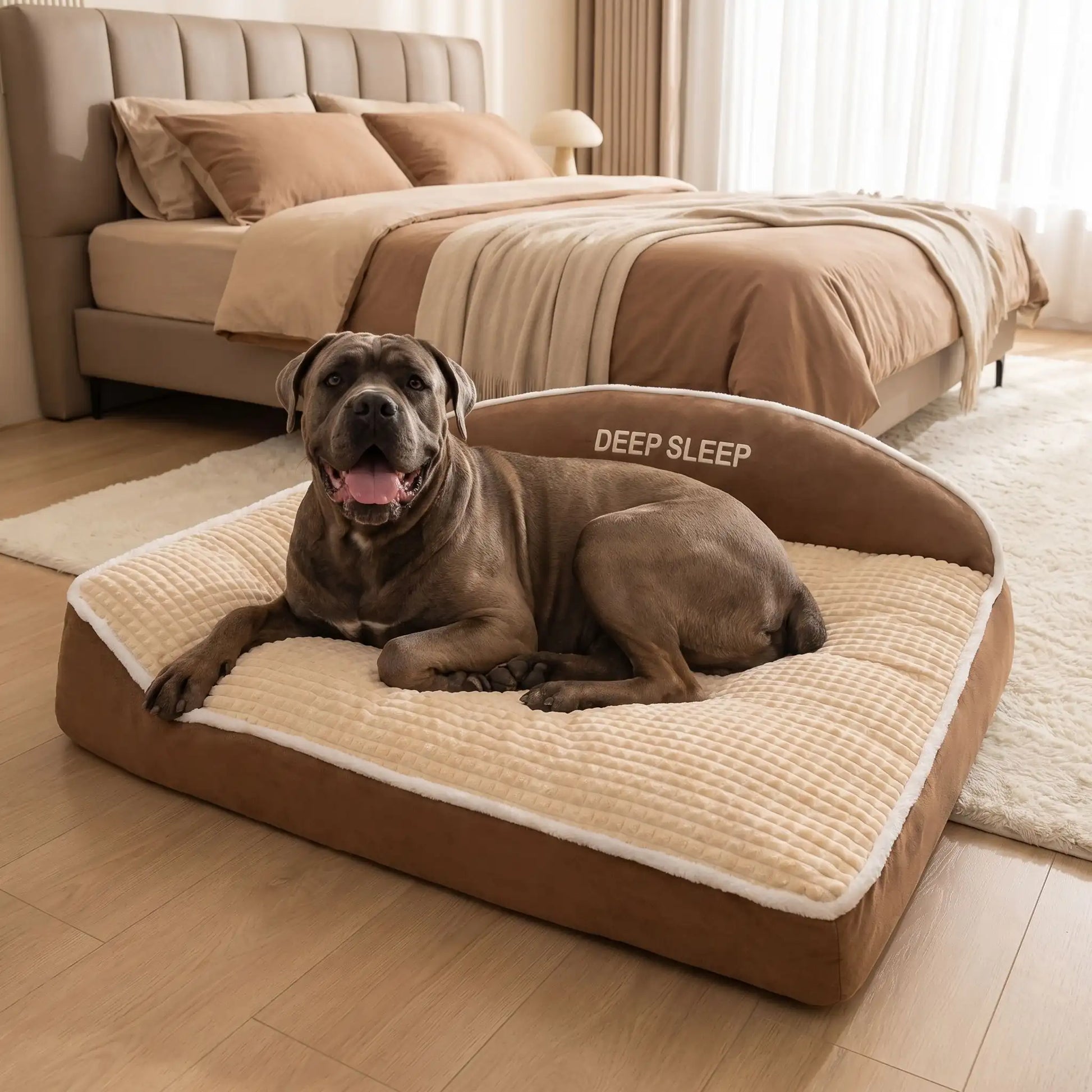 Coussin-chien-xxl-déhoussable-ergonomique-antidérapant, lavable en machine, rembourrage 100% coton haute densité avec rebords surélevés en L pour un soutien cervical et un effet entourant apaisant et sécurisant, tissu ultra-doux en flanelle hypoallergénique, résistant aux griffes et morsures, imperméable-un grand chien heureux et couché confortablement sur le lit épais, niché dans l'angle des deux rebords surélevés en L rembourré 100% coton haute densité  sur le sol du salon de l'appartement